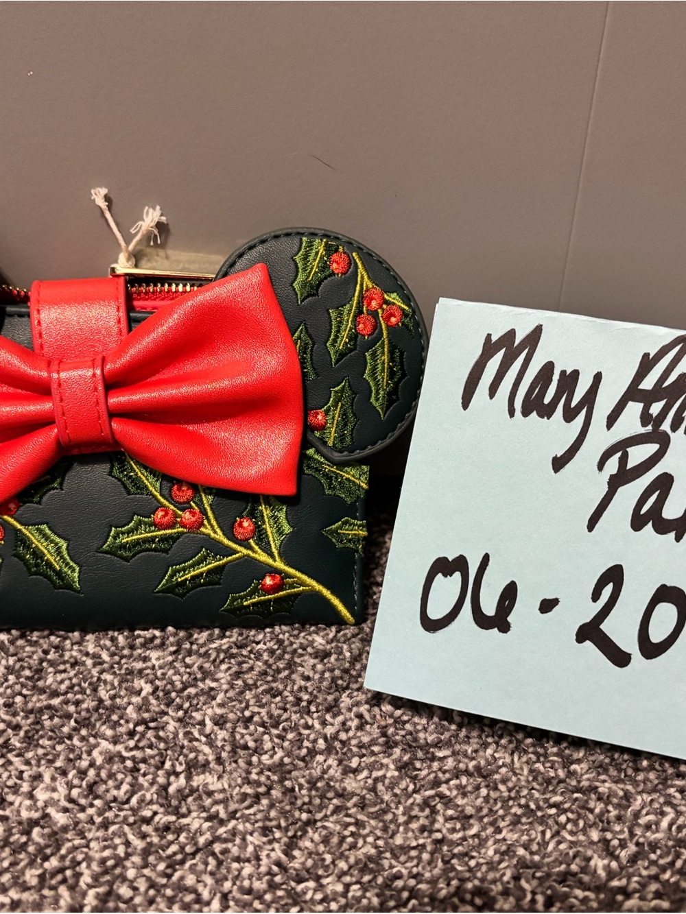 Loungefly Dark Green Holly Embroidered Wallet with Red Bow